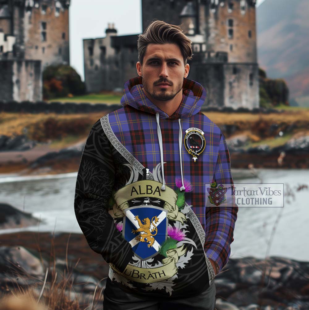 Tartan Vibes Clothing Rutherford Tartan Family Crest Cotton Hoodie Lion Rampant Royal Thistle Shield Celtic Inspired