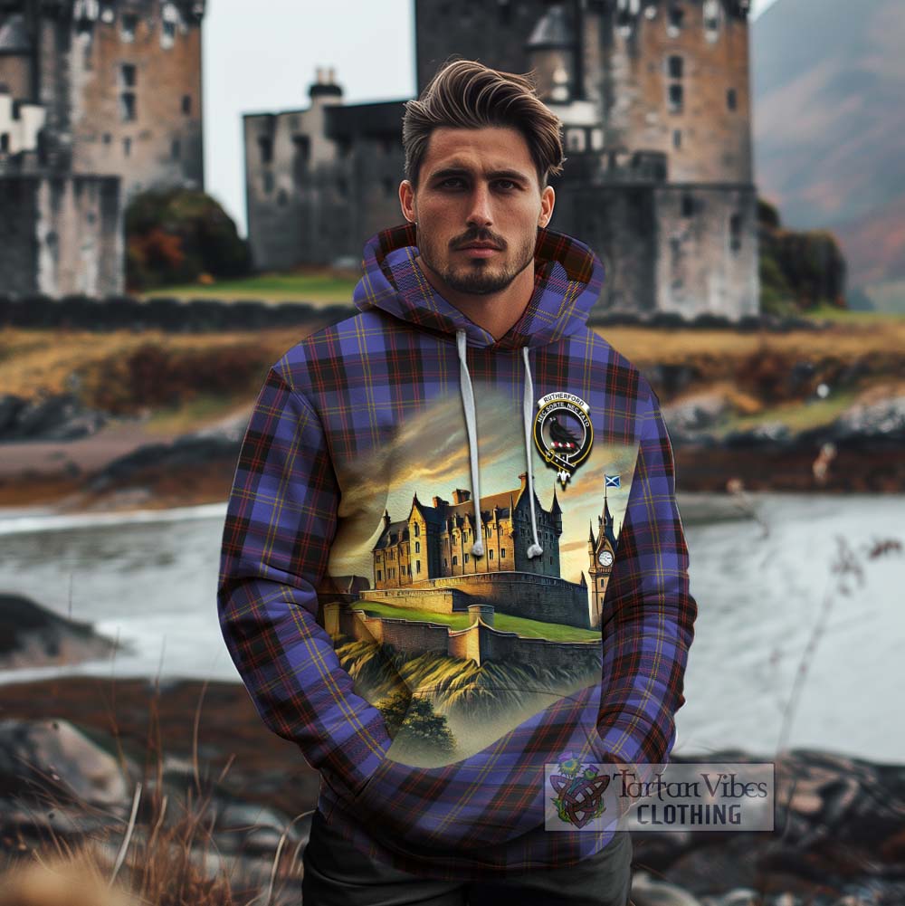 Tartan Vibes Clothing Rutherford Tartan Family Crest Cotton Hoodie with Scottish Ancient Castle Style
