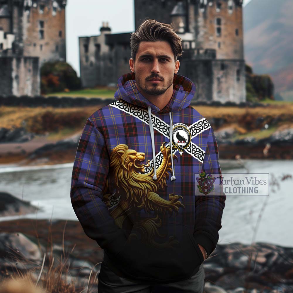 Tartan Vibes Clothing Rutherford Crest Tartan Cotton Hoodie with Golden Lion Emblem Celtic Style