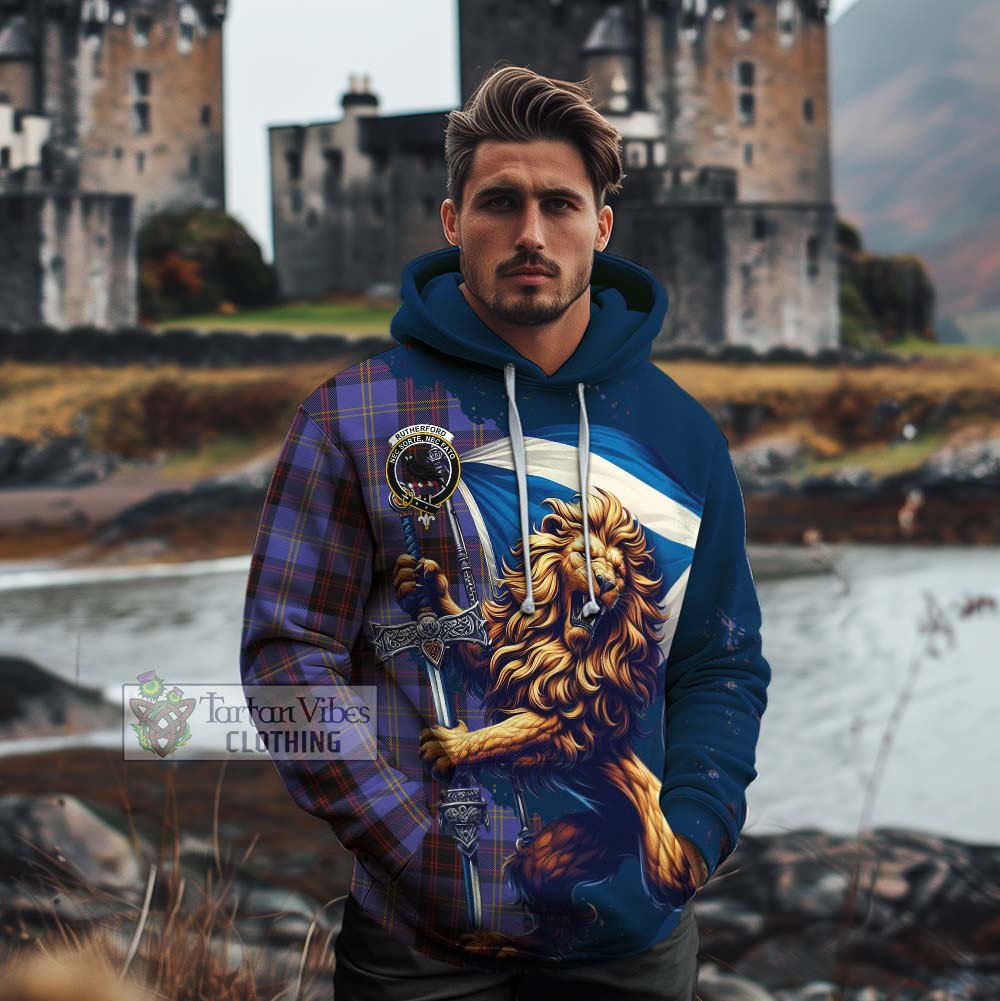 Tartan Vibes Clothing Rutherford Tartan Family Crest Cotton Hoodie with Scottish Majestic Lion