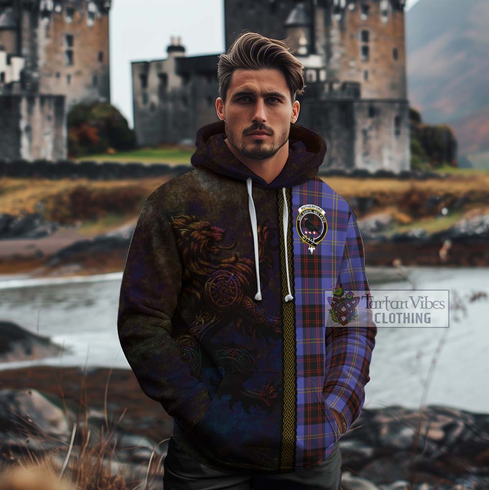 Tartan Vibes Clothing Rutherford Tartan Family Crest Cotton Hoodie Alba Gu Brath Be Brave Lion Ancient Style