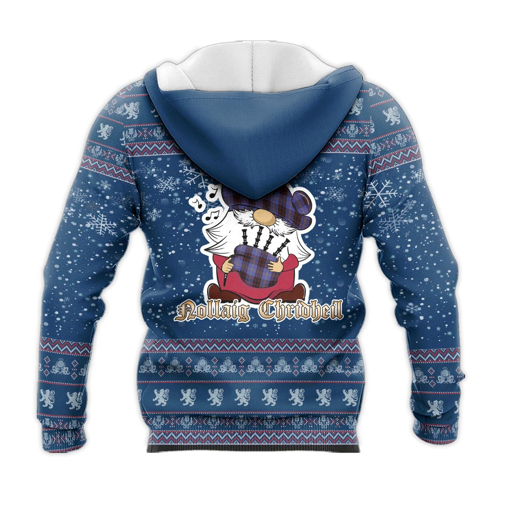 Rutherford Clan Christmas Knitted Hoodie with Funny Gnome Playing Bagpipes - Tartanvibesclothing
