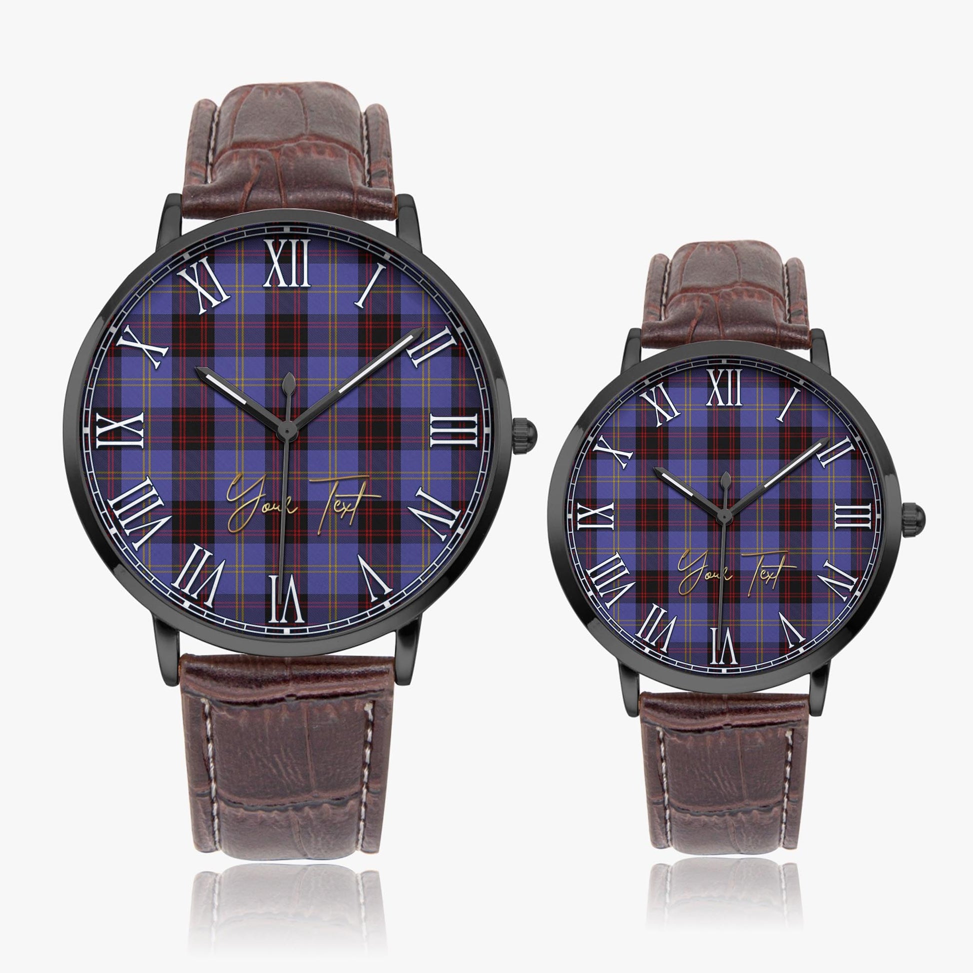 Rutherford Tartan Personalized Your Text Leather Trap Quartz Watch Ultra Thin Black Case With Brown Leather Strap - Tartanvibesclothing