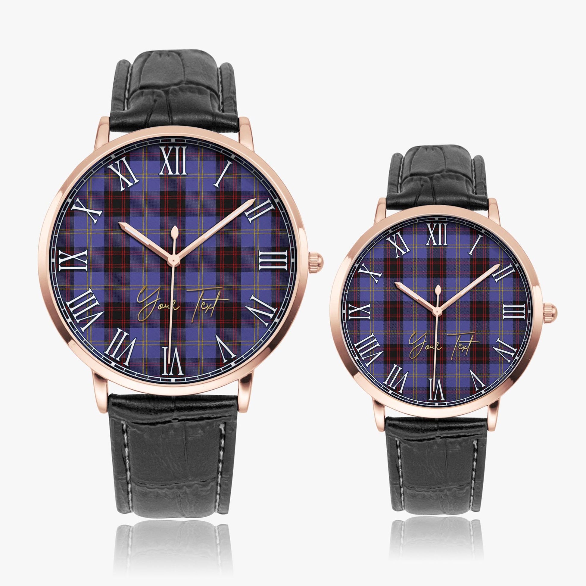 Rutherford Tartan Personalized Your Text Leather Trap Quartz Watch Ultra Thin Rose Gold Case With Black Leather Strap - Tartanvibesclothing