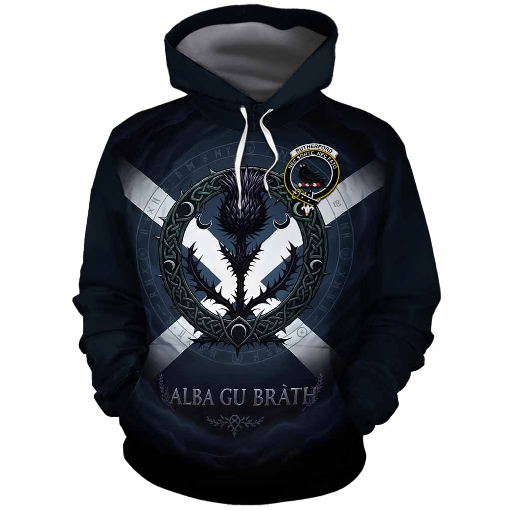 Rutherford Clan Crest Cotton Hoodie with Celtic Knot Thistle and Saltire