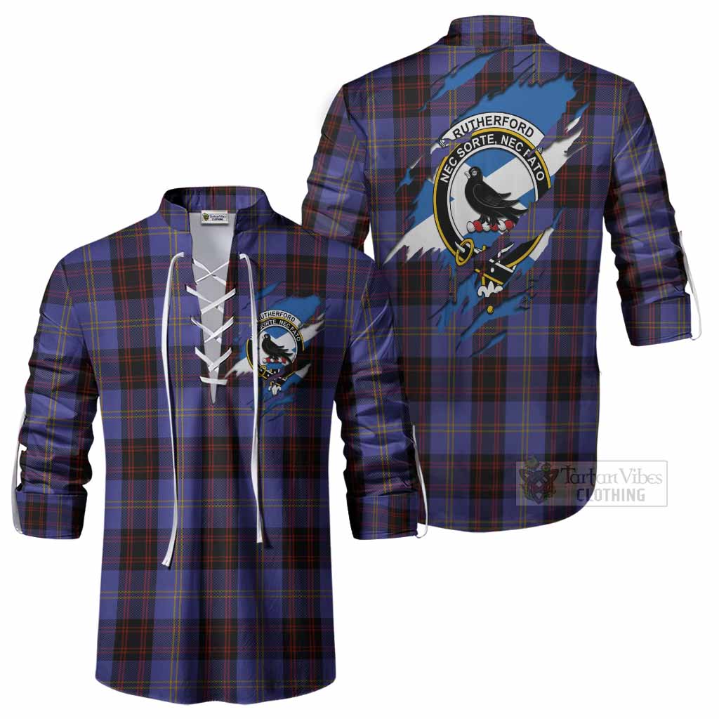 Rutherford Clan Crest In Me Tartan Ghillie Shirt Scotland Flag Style