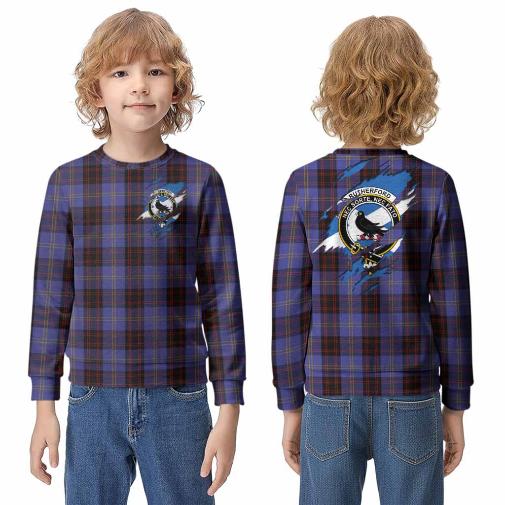 Rutherford Clan Crest In Me Tartan Kid Knitted Sweatshirt Scotland Flag Style