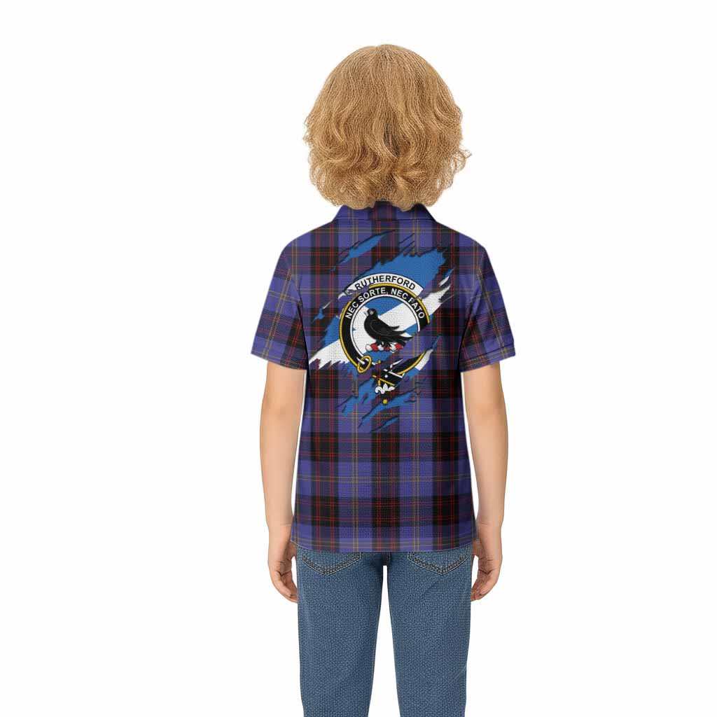 Rutherford Clan Crest In Me Tartan Kid Polo Shirt Scotland Flag Style