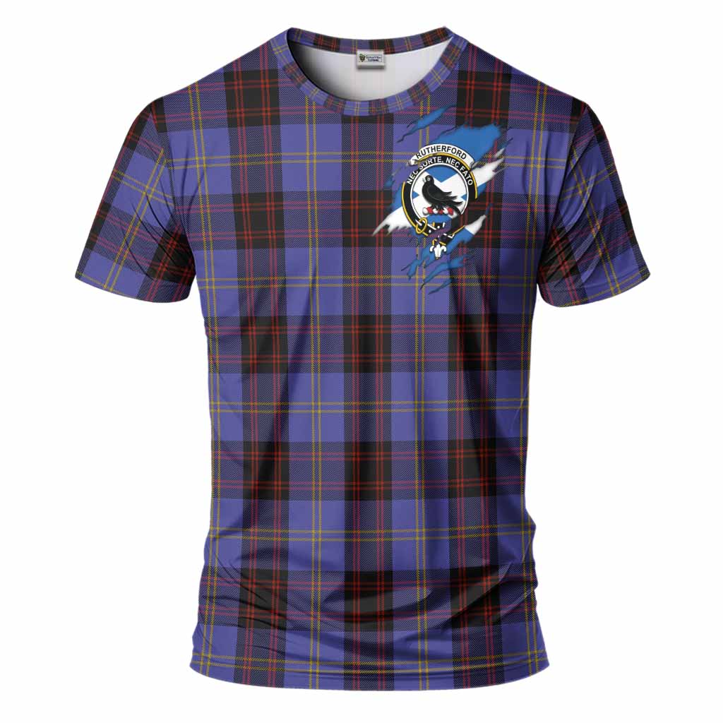 Rutherford Clan Crest In Me Tartan T-Shirt Scotland Flag Style