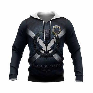 Rutherford Clan Crest Knitted Hoodie with Celtic Knot Thistle and Saltire