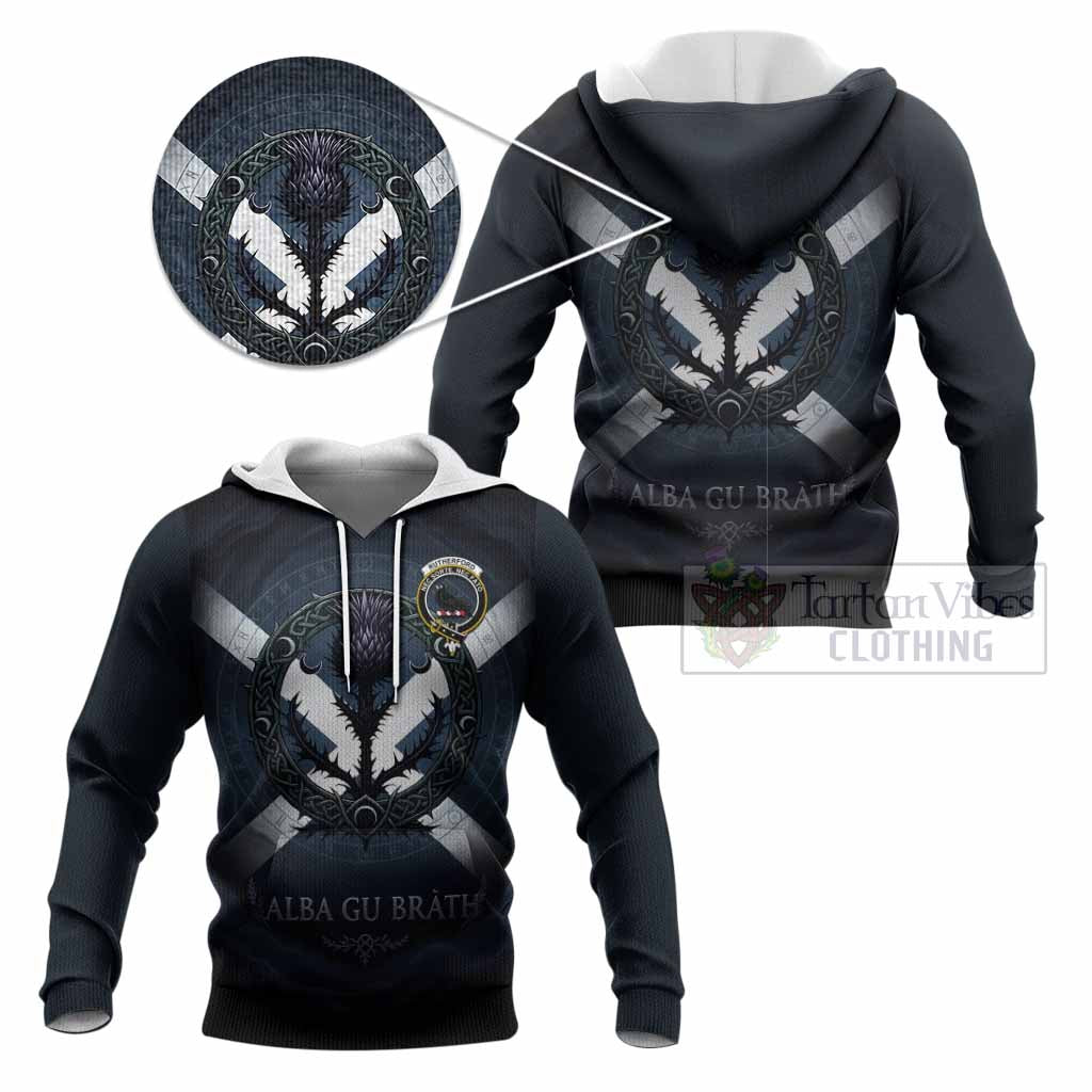 Rutherford Clan Crest Knitted Hoodie with Celtic Knot Thistle and Saltire