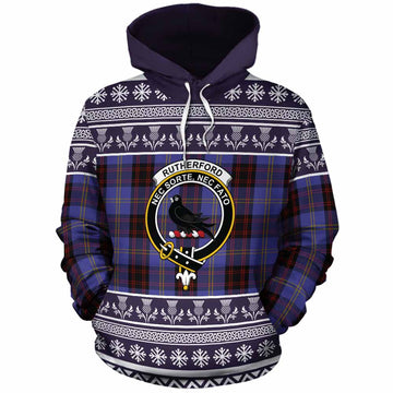 Rutherford Clan Tartan Christmas Cotton Hoodie with Family Crest