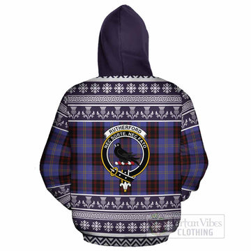 Rutherford Clan Tartan Christmas Cotton Hoodie with Family Crest