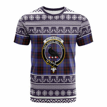 Rutherford Clan Tartan Christmas Cotton T-shirt with Family Crest