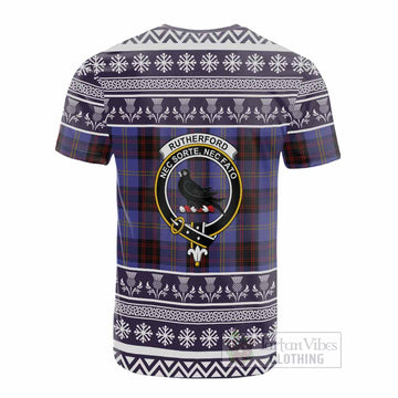 Rutherford Clan Tartan Christmas Cotton T-shirt with Family Crest