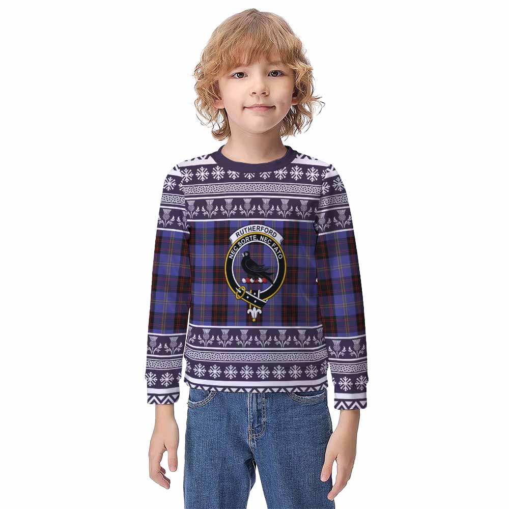 Rutherford Clan Tartan Christmas Kid Ugly Sweatshirt with Family Crest - Tartan Vibes Clothing