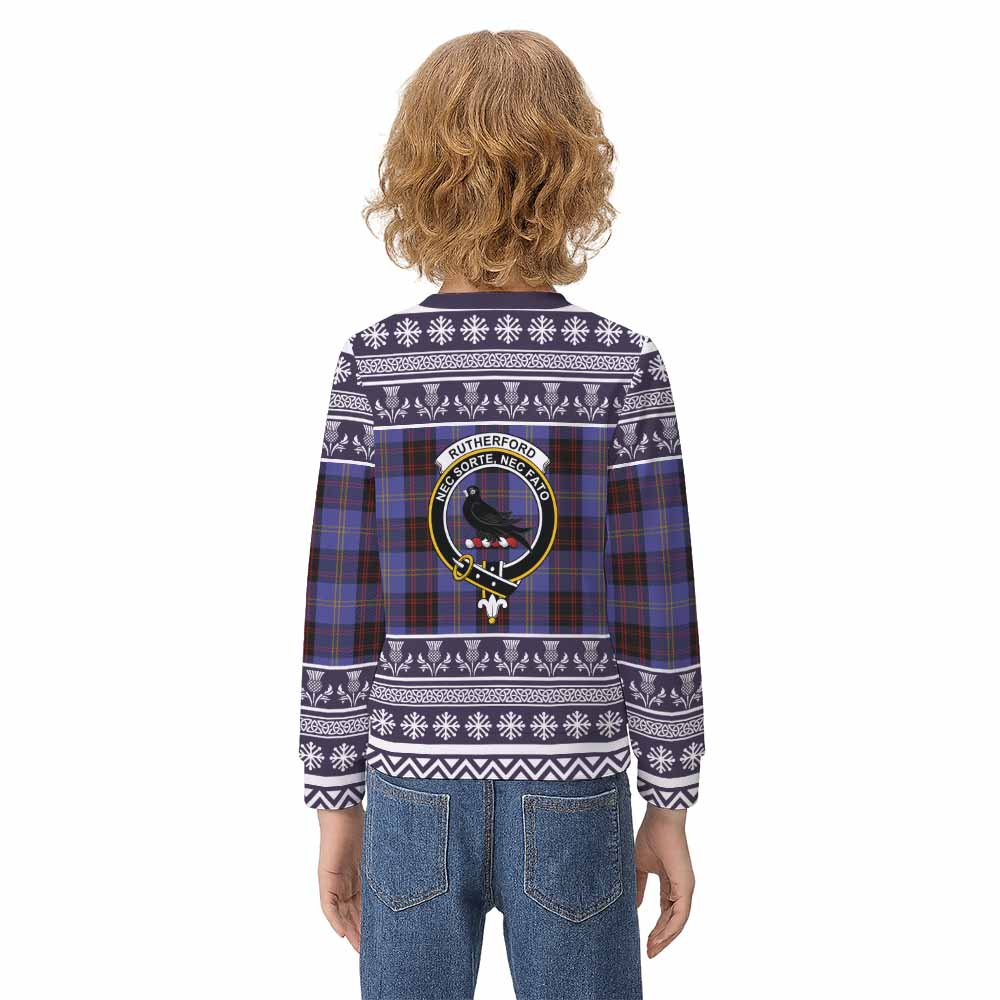 Rutherford Clan Tartan Christmas Kid Ugly Sweatshirt with Family Crest - Tartan Vibes Clothing