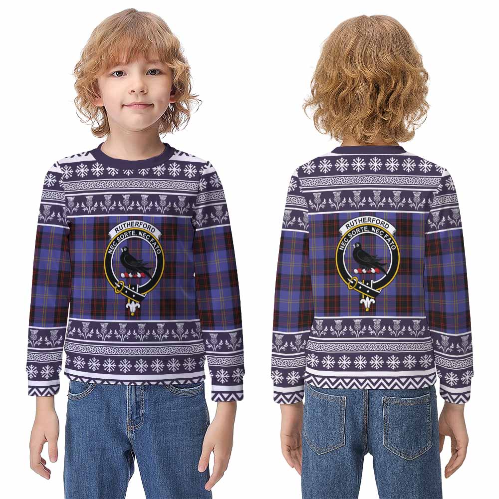 Rutherford Clan Tartan Christmas Kid Ugly Sweatshirt with Family Crest - Tartan Vibes Clothing