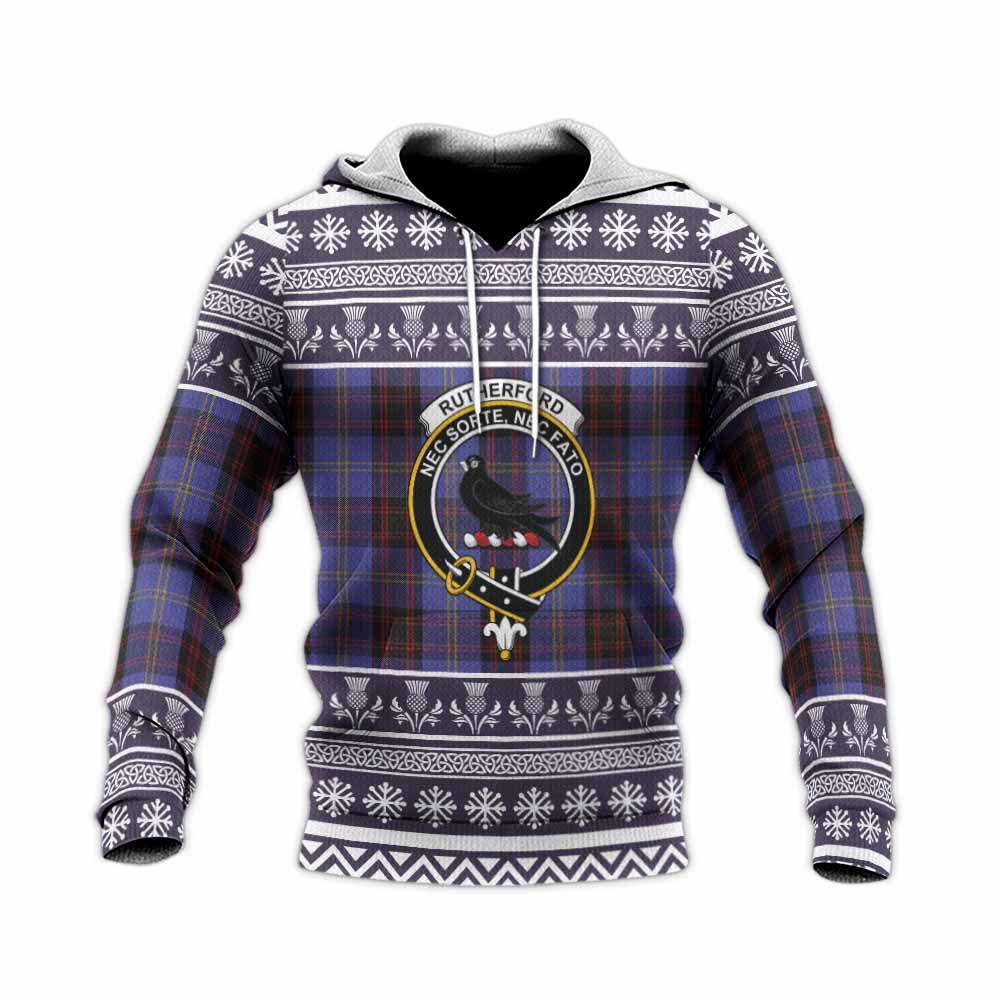 Rutherford Clan Tartan Christmas Knitted Hoodie with Family Crest - Tartan Vibes Clothing
