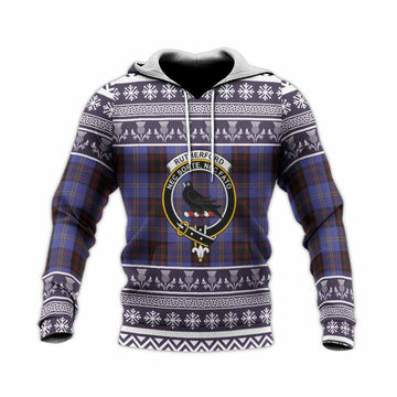Rutherford Clan Tartan Christmas Knitted Hoodie with Family Crest