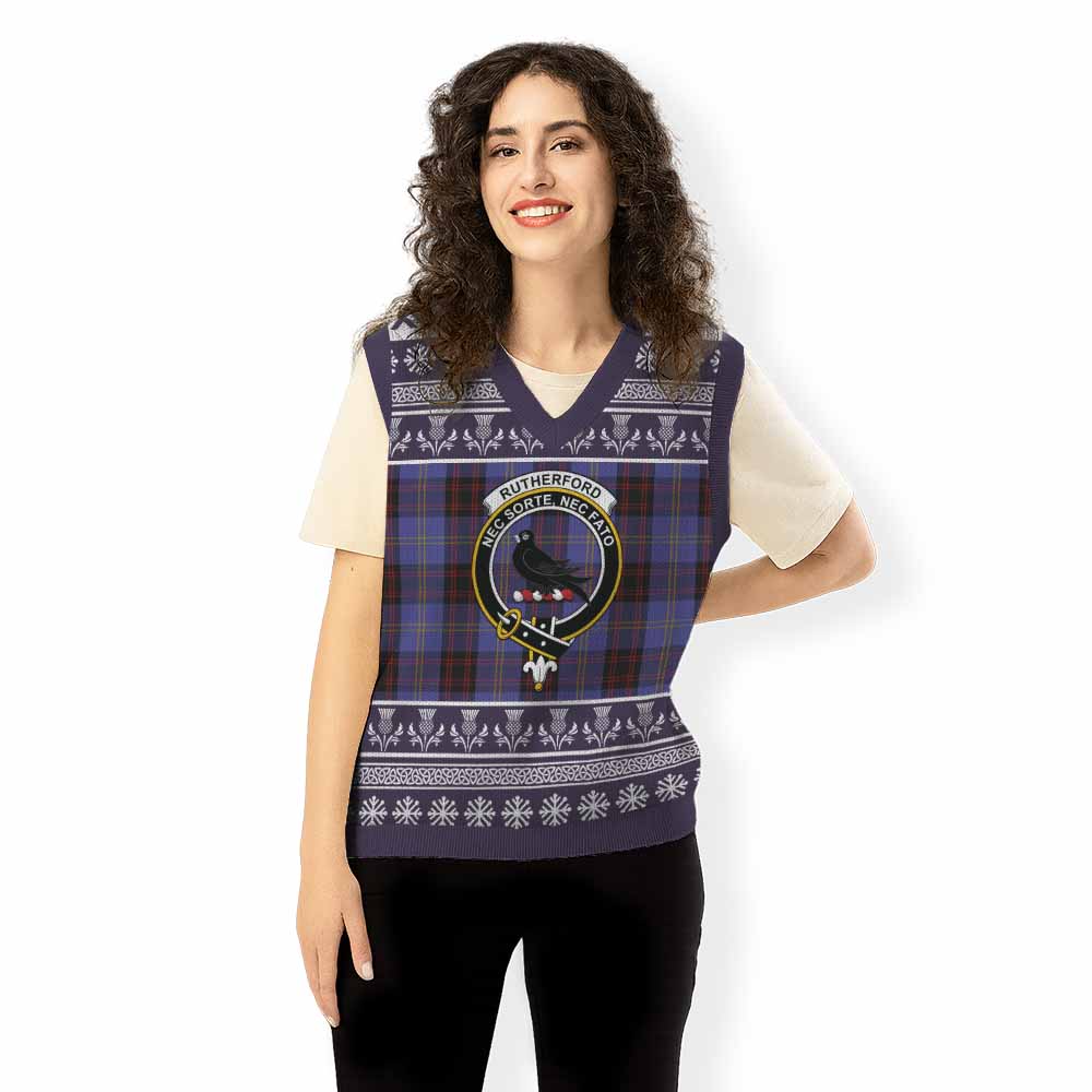 Rutherford Clan Tartan Christmas Knitted V-Neck Vest with Family Crest - Tartan Vibes Clothing