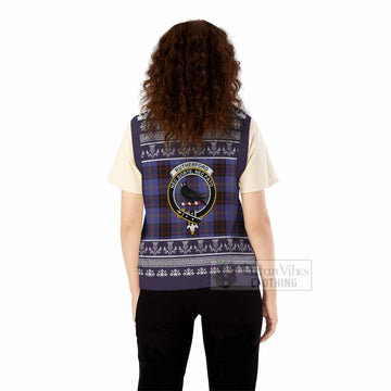 Rutherford Clan Tartan Christmas Knitted V-Neck Vest with Family Crest