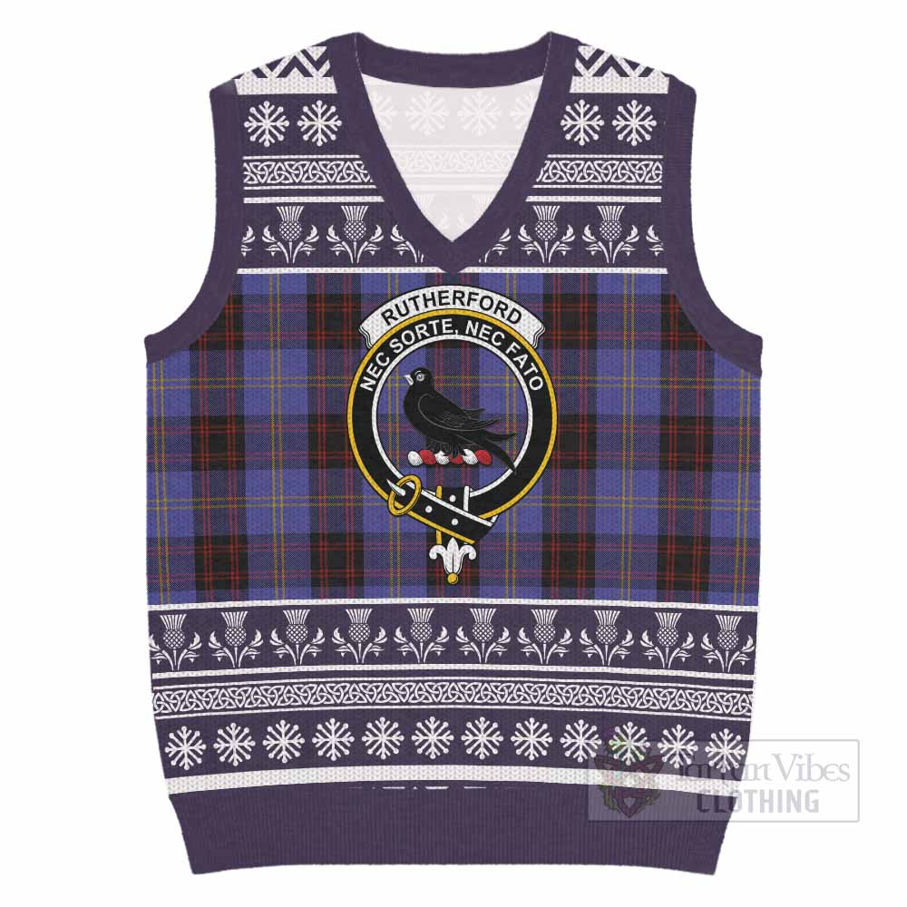 Rutherford Clan Tartan Christmas Knitted V-Neck Vest with Family Crest - Tartan Vibes Clothing
