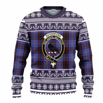 Rutherford Clan Tartan Christmas Ugly Sweater with Family Crest