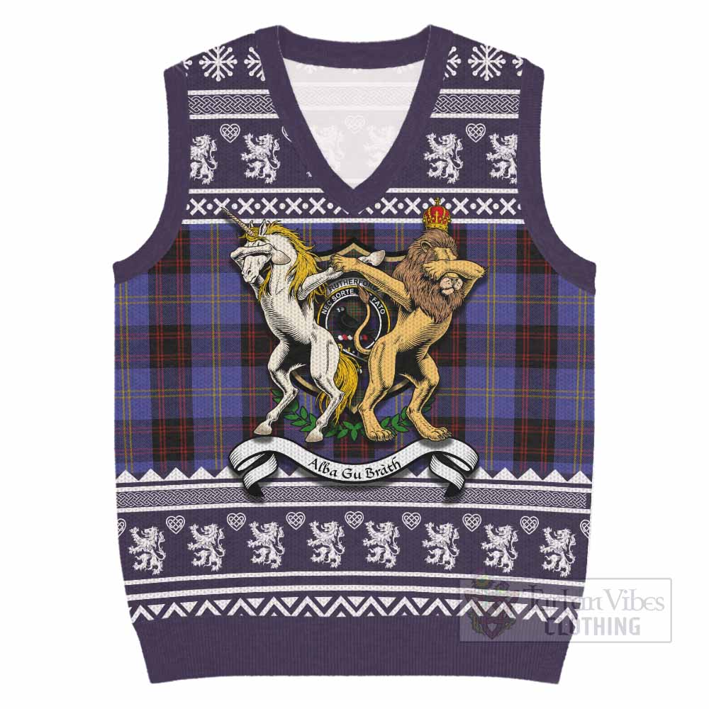 Rutherford Clan Tartan Crest Christmas Knitted V-Neck Vest Coat of Arms Funny Style - Tartan Vibes Clothing