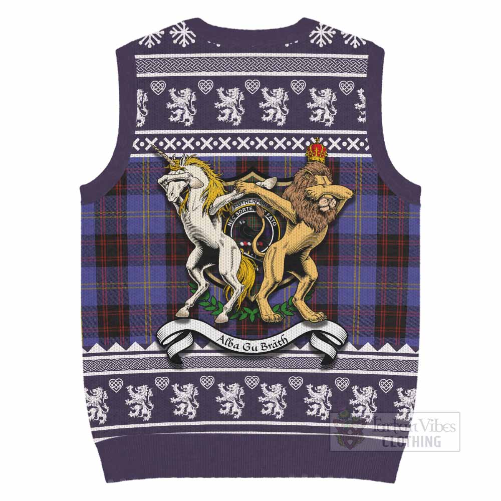 Rutherford Clan Tartan Crest Christmas Knitted V-Neck Vest Coat of Arms Funny Style - Tartan Vibes Clothing