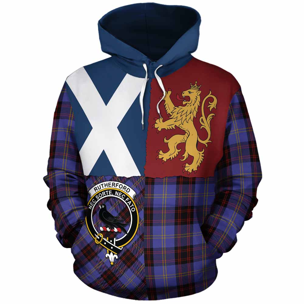Rutherford Crest Tartan Cotton Hoodie with Lion Rampant Saltire Style - Tartan Vibes Clothing