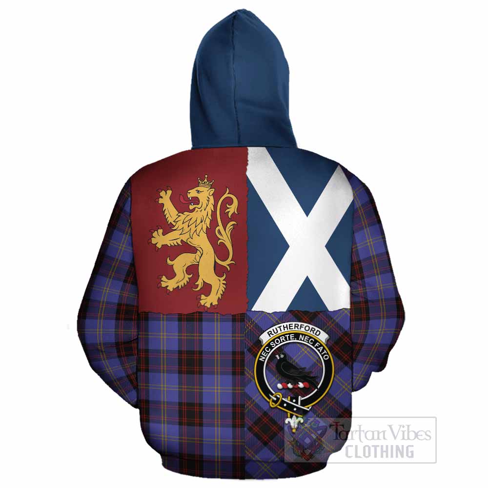 Rutherford Crest Tartan Cotton Hoodie with Lion Rampant Saltire Style - Tartan Vibes Clothing