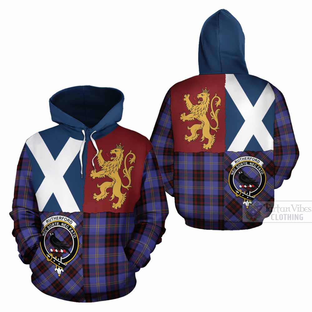 Rutherford Crest Tartan Cotton Hoodie with Lion Rampant Saltire Style - Tartan Vibes Clothing