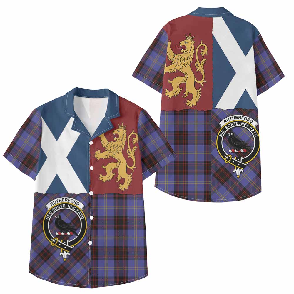 Rutherford Crest Tartan Kid Hawaiian Shirt with Lion Rampant Saltire Style - Tartan Vibes Clothing