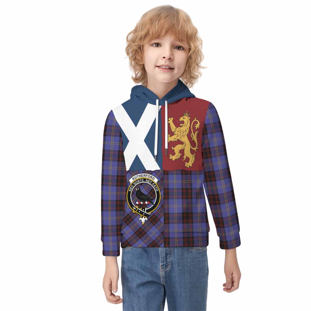 Rutherford Crest Tartan Kid Hoodie with Lion Rampant Saltire Style - Tartan Vibes Clothing