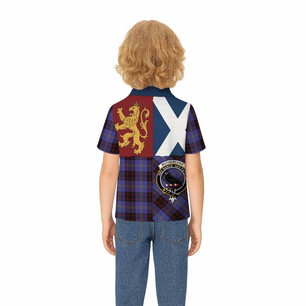 Rutherford Crest Tartan Kid Polo Shirt with Lion Rampant Saltire Style - Tartan Vibes Clothing