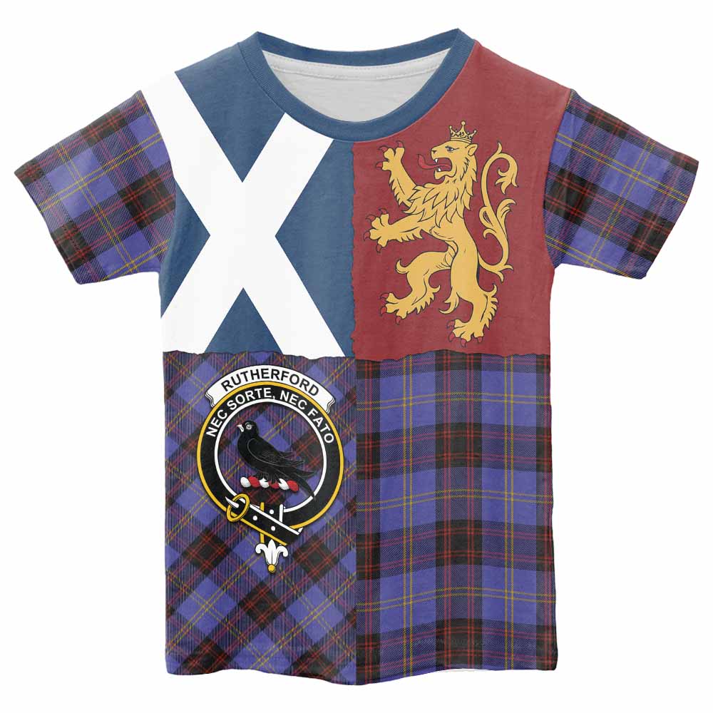 Rutherford Crest Tartan Kid T-shirt with Lion Rampant Saltire Style - Tartan Vibes Clothing