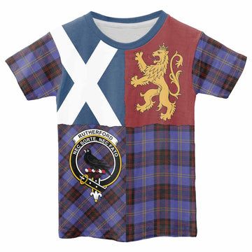 Rutherford Crest Tartan Kid T-shirt with Lion Rampant Saltire Style - Tartan Vibes Clothing