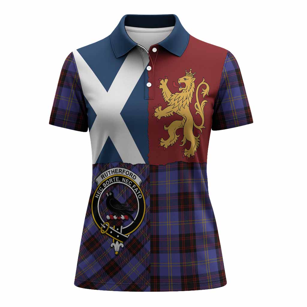 Rutherford Crest Tartan Women Polo Shirt with Lion Rampant Saltire Style