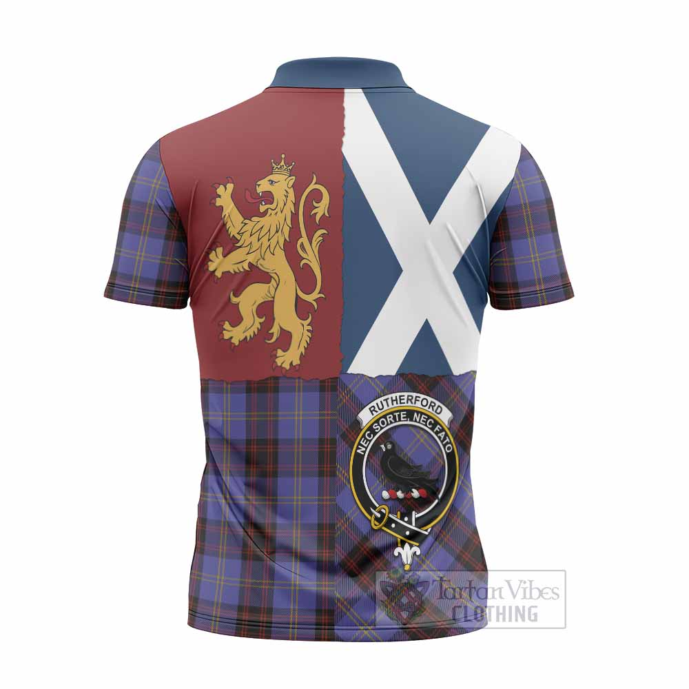 Rutherford Crest Tartan Zipper Polo Shirt with Lion Rampant Saltire Style