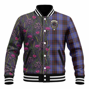 Rutherford Family Crest Tartan Baseball Jacket Scottish Thistle Flower Pattern Half Style