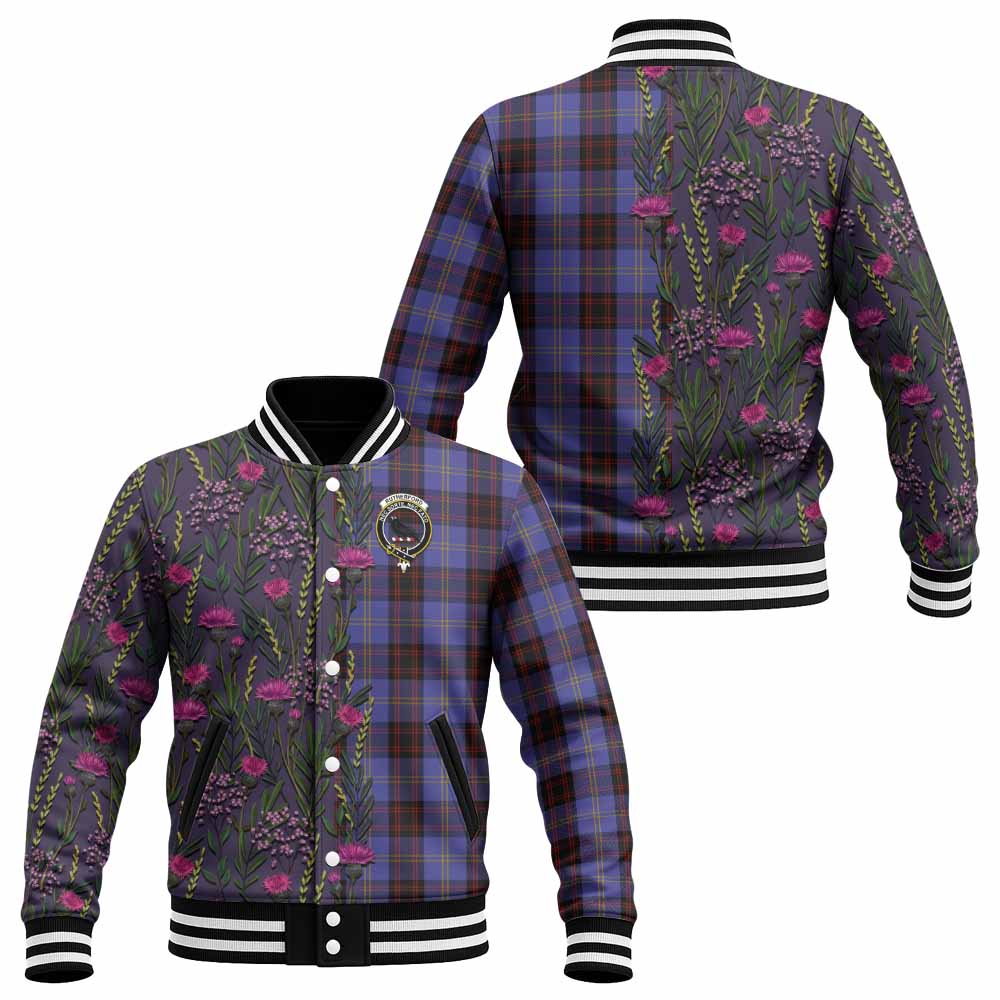 Rutherford Family Crest Tartan Baseball Jacket Scottish Thistle Flower Pattern Half Style - Tartan Vibes Clothing