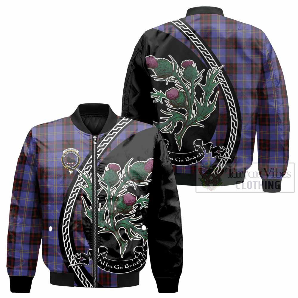 Rutherford Family Crest Tartan Bomber Jacket Alba Thistle Inspired - Tartan Vibes Clothing