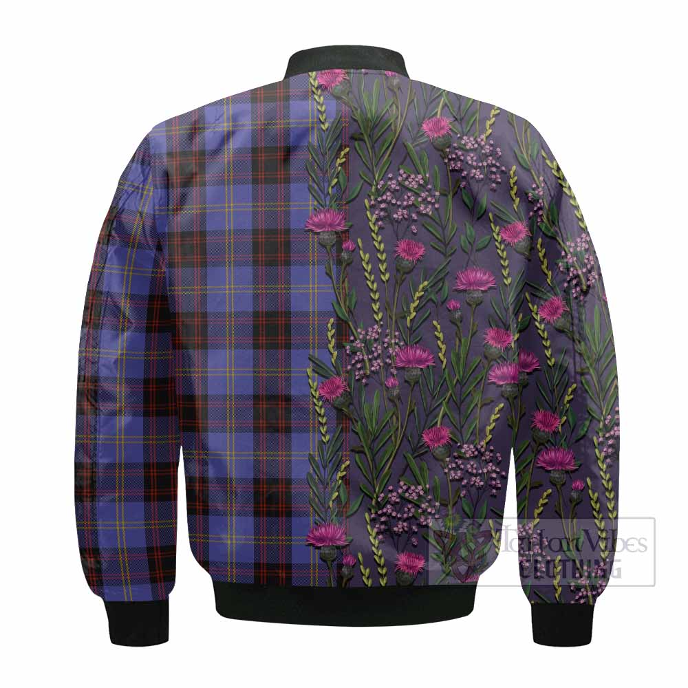 Rutherford Family Crest Tartan Bomber Jacket Scottish Thistle Flower Pattern Half Style - Tartan Vibes Clothing