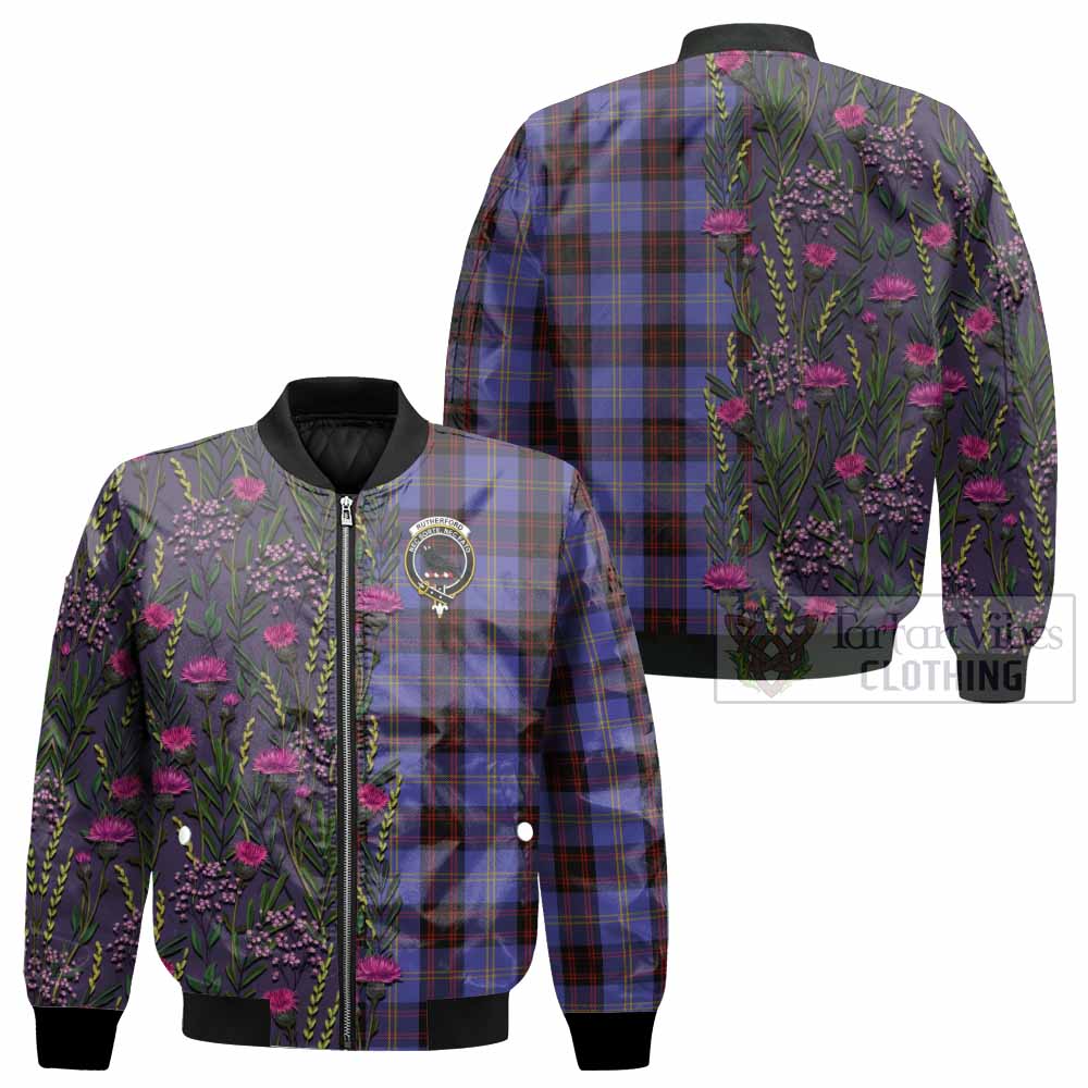 Rutherford Family Crest Tartan Bomber Jacket Scottish Thistle Flower Pattern Half Style - Tartan Vibes Clothing