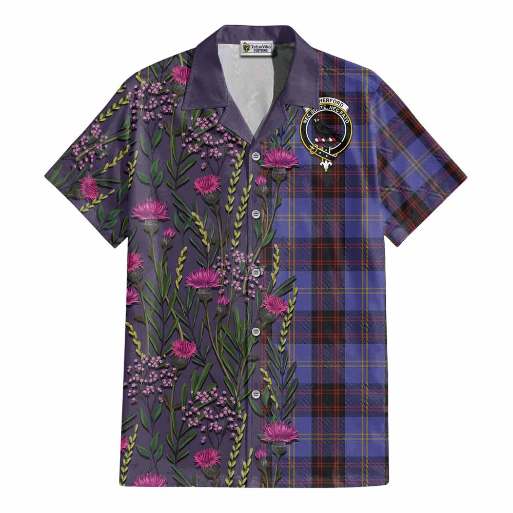 Rutherford Family Crest Tartan Cotton Hawaiian Shirt Scottish Thistle Flower Pattern Half Style - Tartan Vibes Clothing