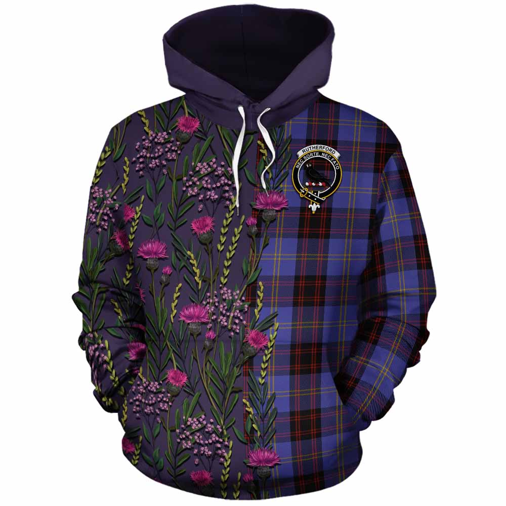 Rutherford Family Crest Tartan Cotton Hoodie Scottish Thistle Flower Pattern Half Style - Tartan Vibes Clothing
