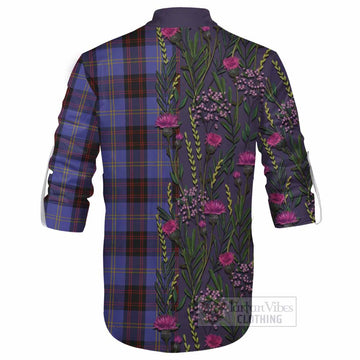 Rutherford Family Crest Tartan Ghillie Shirt Scottish Thistle Flower Pattern Half Style