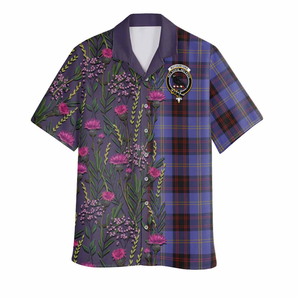 Rutherford Family Crest Tartan Hawaiian Shirt Scottish Thistle Flower Pattern Half Style - Tartan Vibes Clothing