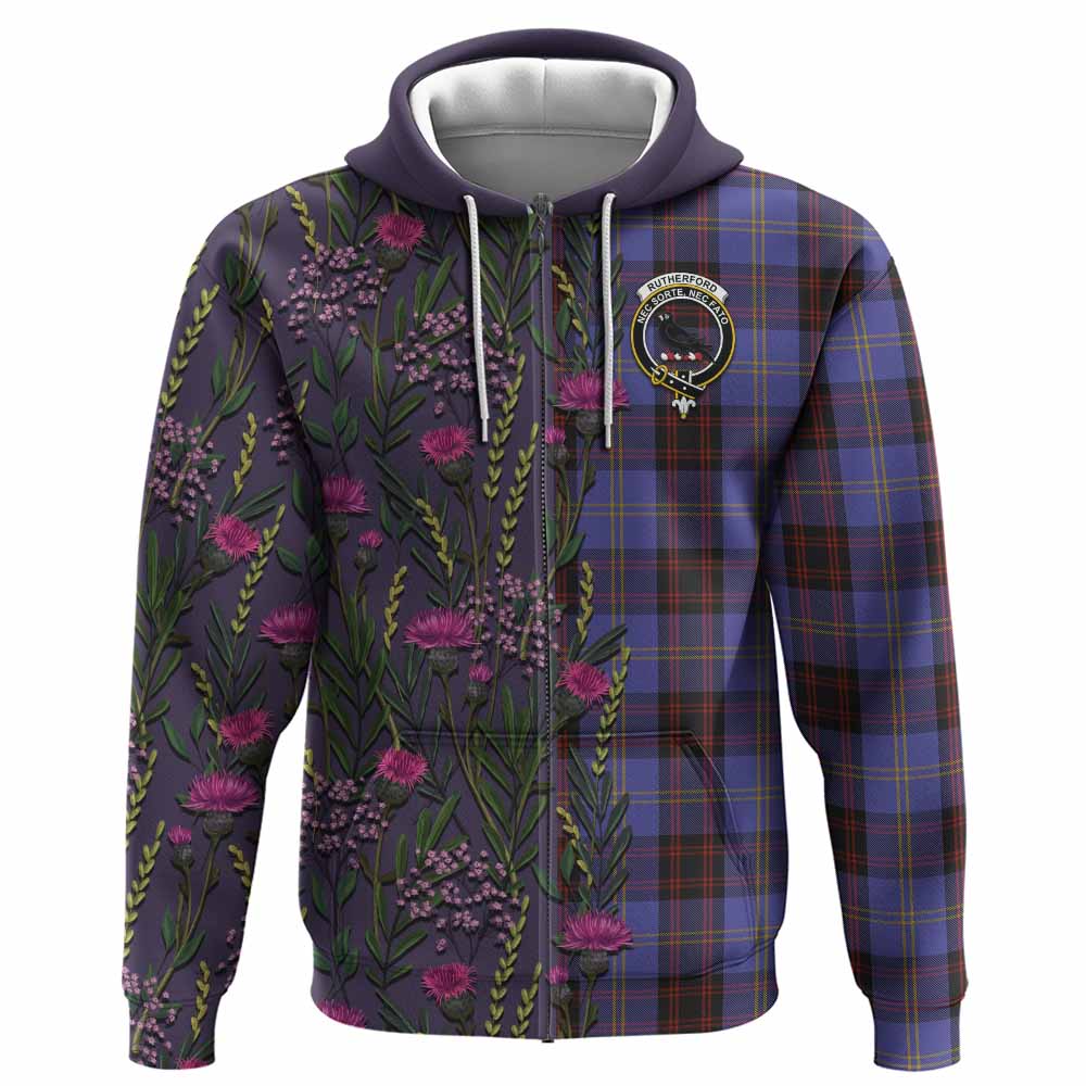 Rutherford Family Crest Tartan Hoodie Scottish Thistle Flower Pattern Half Style - Tartan Vibes Clothing